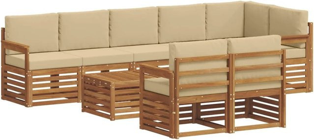 vidaXL Sofagarnitur 9-teilig aus Massivholz Akazie in Natur und Beige mit L-Form und Polsterkissen - Bild 1