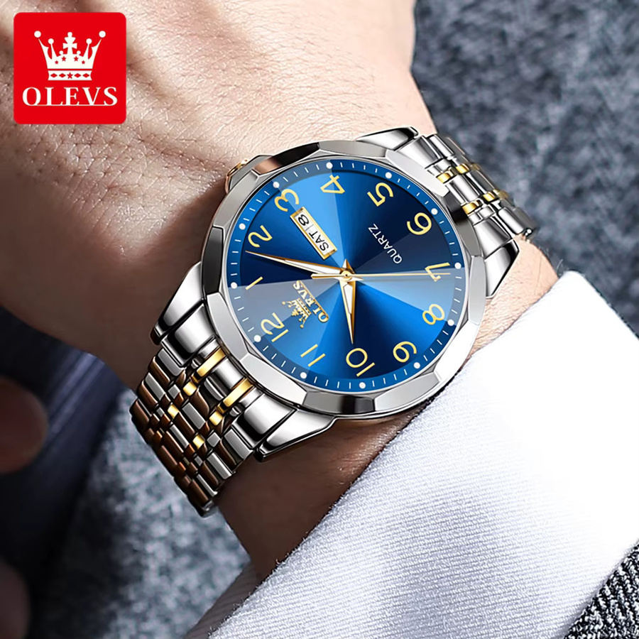 OLEVS Armbanduhr Quarz, Edelstahl, Blau, Dual-Kalenderanzeige, Herren - Bild 4
