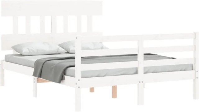 vidaXL Massivholzbett aus Kiefernholz mit Kopfteil in Weiß, B/T/H: 140 x 200 x 145,5 cm - Bild 1