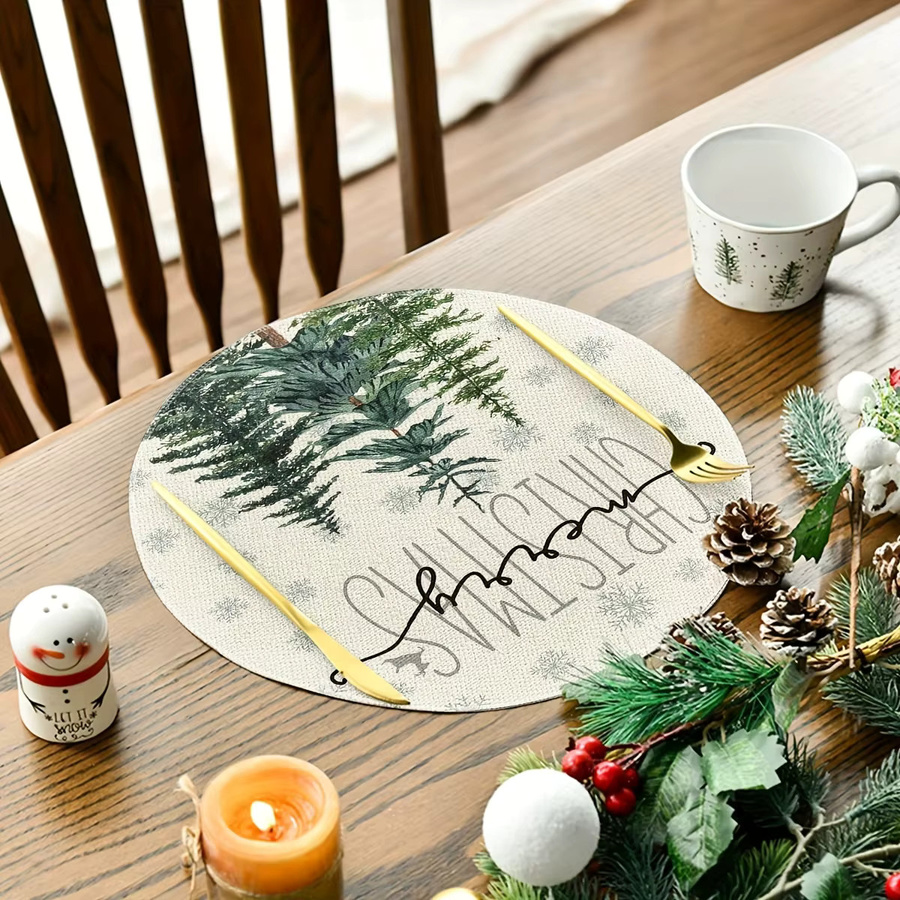 VIKAMA 4er-Set Weihnachts-Tischsets mit Schneeflocken- und Kiefernzweig-Design, rund, mehrfarbig, Leinen-Optik - Bild 2