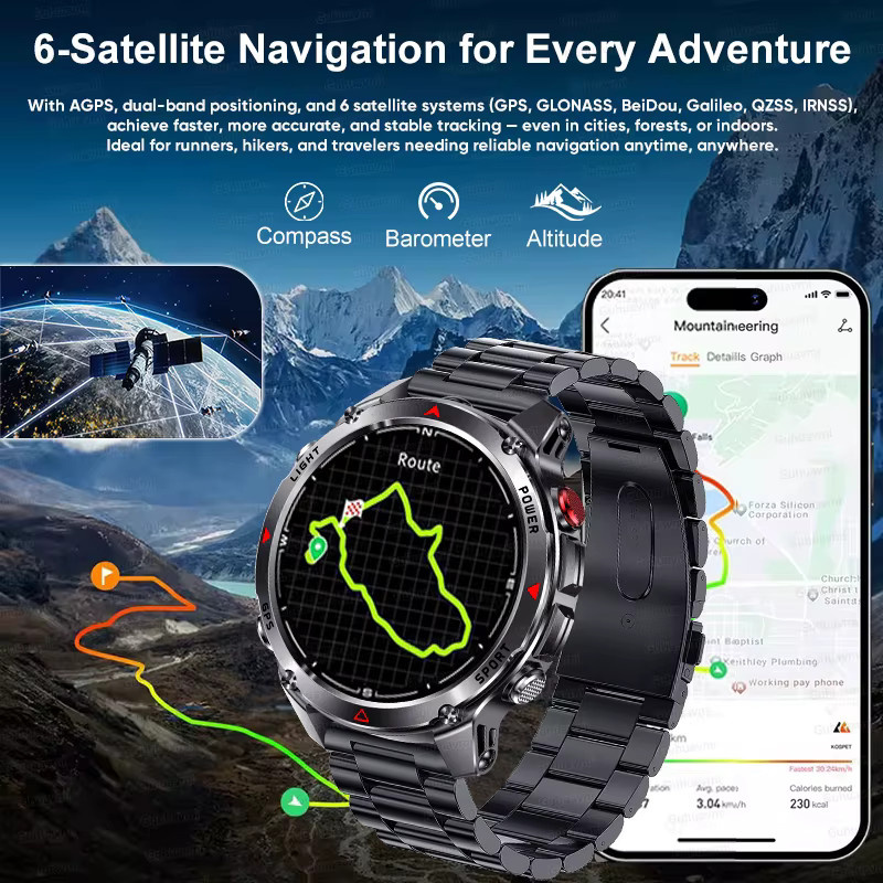 GUHUAVMI Dual-Band GPS Smartwatch für Outdoor-Sport in Schwarz mit Kompass, Höhenmesser und 3 ATM Wasserdichtigkeit - Bild 2