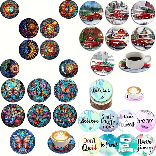 8-teiliges Set aus Holzuntersetzern mit Mosaik-Buntglas-Design in Multicolor, runde Getränkematten mit Sonne, Mond, Auto und Schmetterlingsmotiven - Bild 1