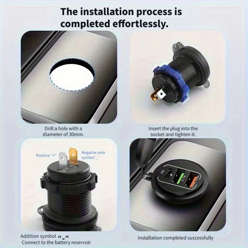 Wasserdichtes 4-Port Autoladegerät in Schwarz mit Dual PD USB-C und Dual QC 3.0 USB Anschlüssen sowie Voltmeter für 12V/24V Auto und Boot - Bild 5