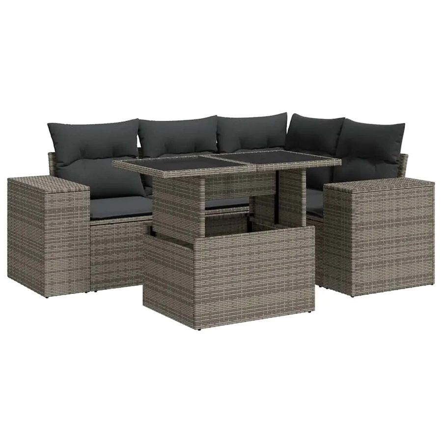 vidaXL 5-tlg. Garten-Sofagarnitur in L-Form aus grauem Poly-Rattan mit Kissen und Armlehnen - Bild 2