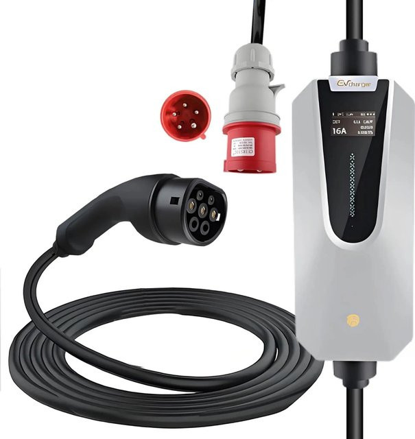 Junsun Tragbares EV-Ladegerät Typ 2 16A 11KW in Weiß mit 5m Kabel und USB-C Anschluss - Bild 1