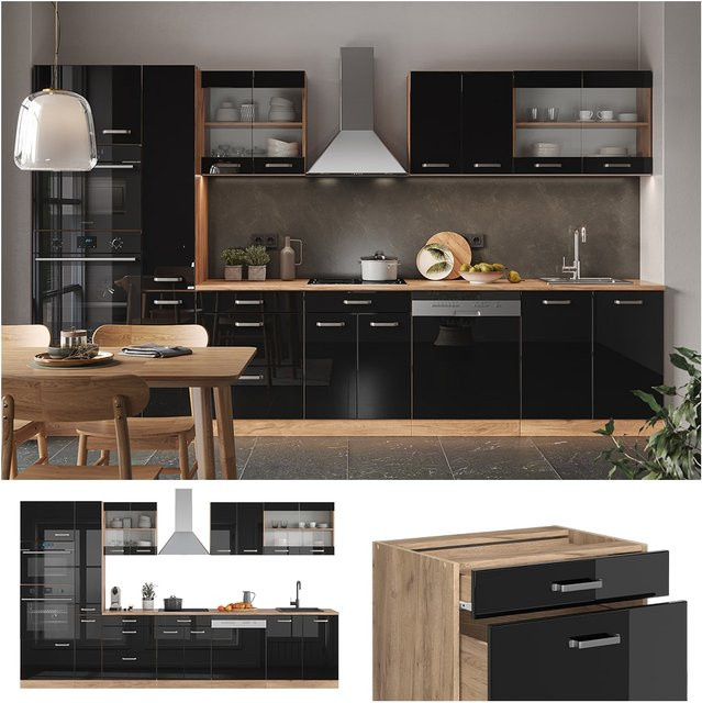Vicco Küchenzeile R-Line in Schwarz und Eiche mit Goldakzenten, Breite: 350 cm - Bild 1