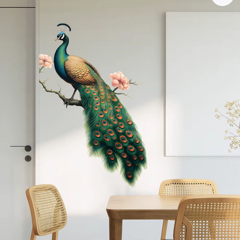 Selbstklebender Wandaufkleber mit Pfau und Zweigen in Vintage-Optik, mehrfarbig und schwarz - Bild 3