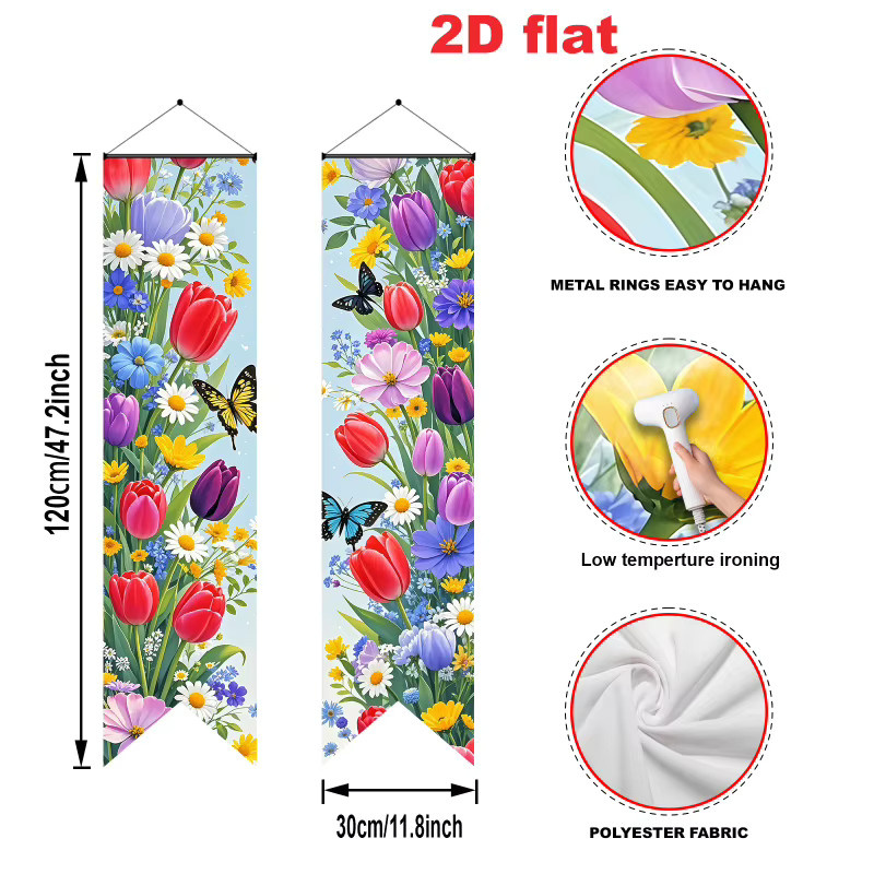 VIKAMA Frühlingsblumen-Veranda-Banner mit Tulpen- und Schmetterlingsdruck, Mehrfarbiges 2D-Flachdekorationspanel für Oster- und Frühlingspartys, B: 120 cm, H: 30 cm - Bild 2