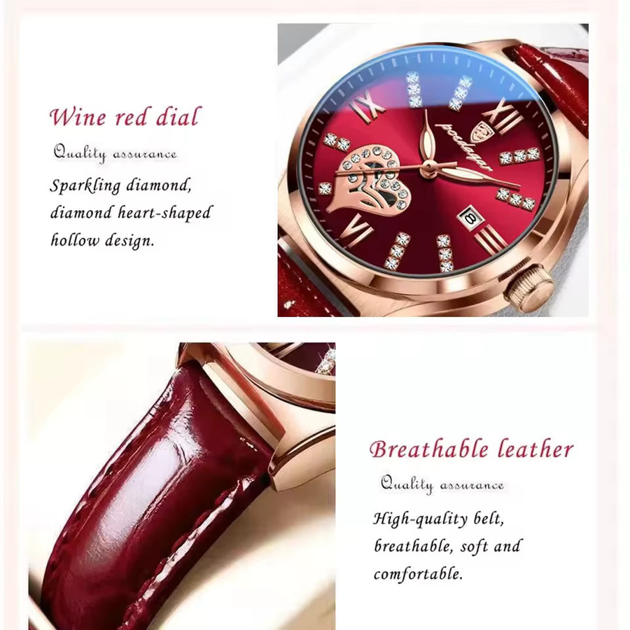 POEDAGAR Armbanduhr, Quarz, Leder, Roségold, Damen, Datum - Bild 3