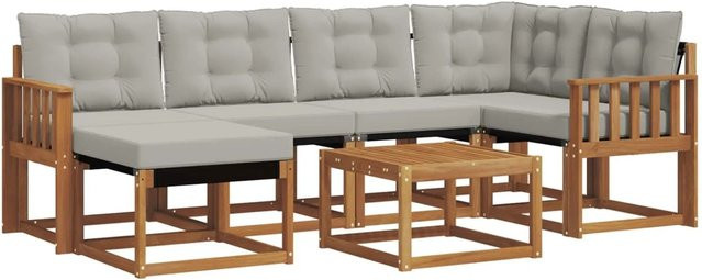 vidaXL Outdoor-Sofagarnitur 7-teilig in L-Form aus Akazienholz und Textilene mit Kissen, Farbe: Natur und Hellgrau - Bild 1