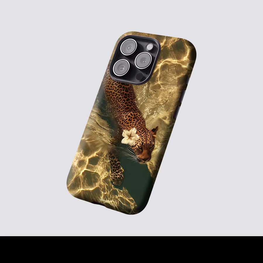 Potdemiel Magnetische Handyhülle mit Leopard im goldenen Wasser für iPhone 17 16 15 14 13 Pro Max Plus, Robuste Einzel- und Doppelschicht-Hülle, Farbe: Gold - Bild 2