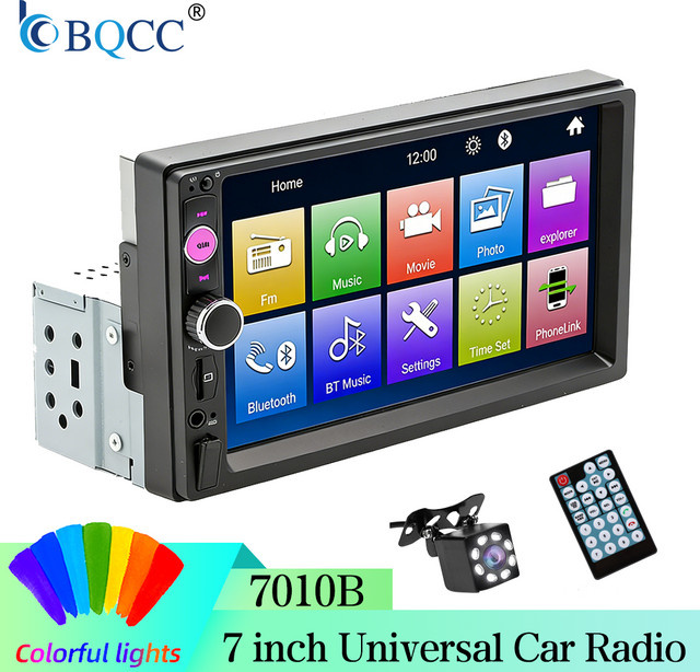 BQCC 1Din Universal Autoradio mit 7 Zoll Display, Bluetooth, MirrorLink und bunter LED-Beleuchtung in Schwarz - Bild 1