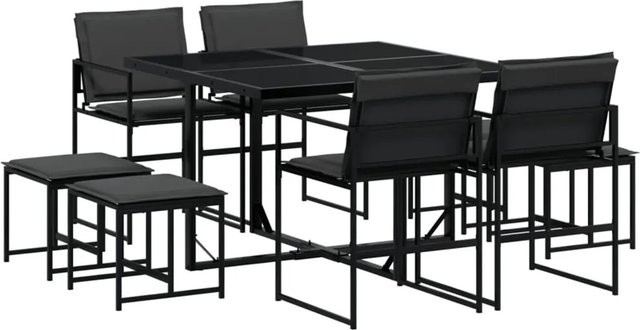 vidaXL 9-teilige Garten-Essgruppe aus Textilene und pulverbeschichtetem Stahl mit Glasplatte und Kissen in Schwarz und Dunkelgrau - Bild 1