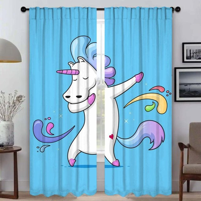 Einhorn Tüllvorhänge für Wohnzimmer und Schlafzimmer, 2er-Set, Blau, Breite: 50 cm, Höhe: 70 cm - Bild 1