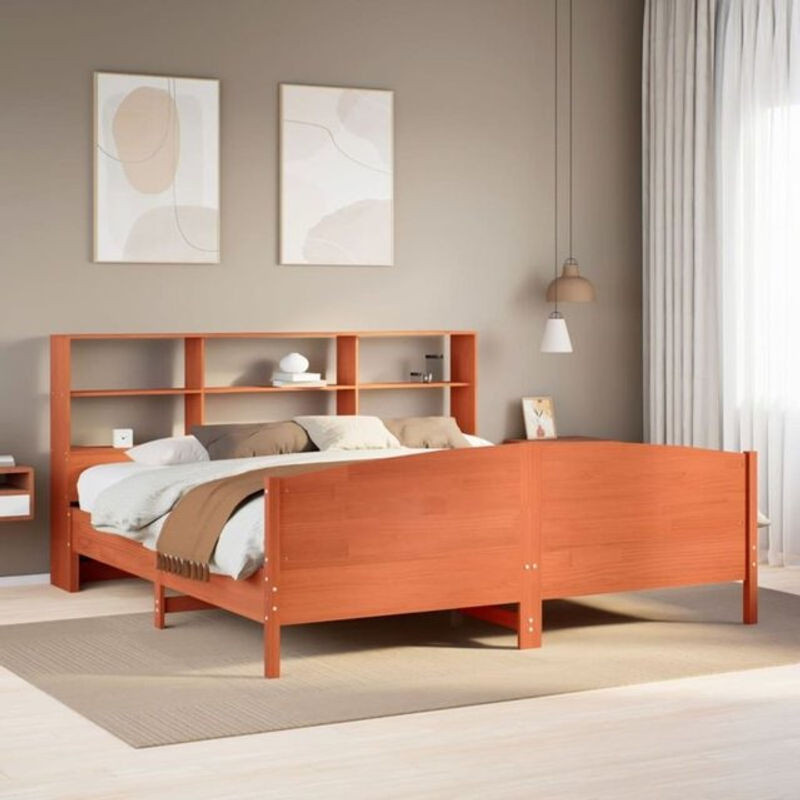 Massivholzbett aus Kiefer mit Regal in Braun von Vidaxl, B/T/H: 200 x 200 x 110 cm - Bild 1
