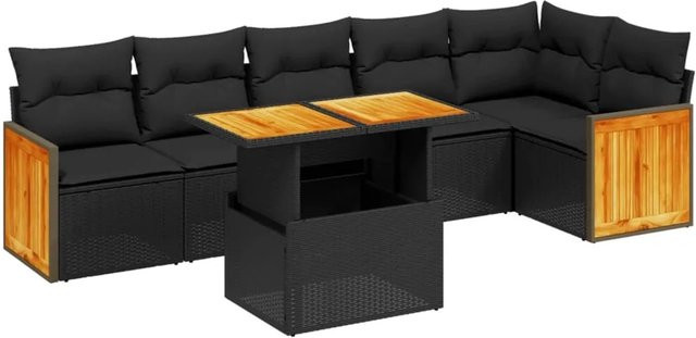 vidaXL 7-teilige Garten-Sofagarnitur in L-Form aus Poly-Rattan und Akazienholz mit Kissen in Schwarz - Bild 1