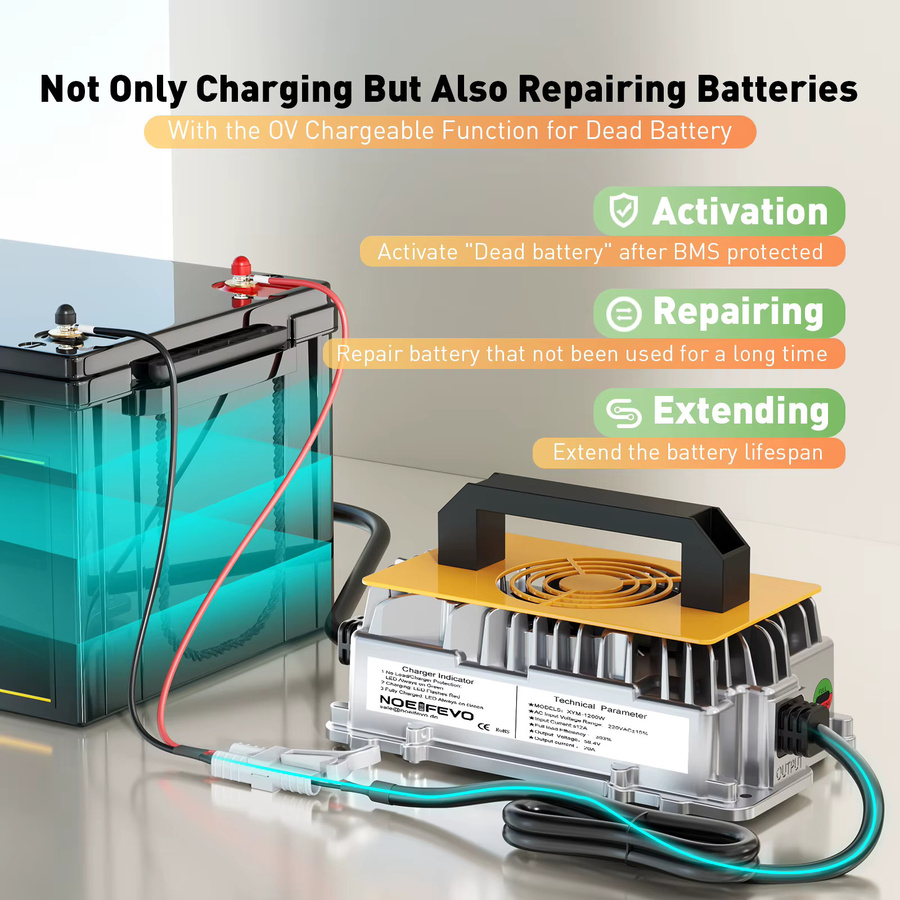 Noeifevo Smart-Ladegerät für 48V 20A 1250W LiFePO4 Batterien, 58,4V Ladegerät für 51,2V 16S Golfwagen, Boote und Wohnmobile, Farbe: Silber - Bild 3