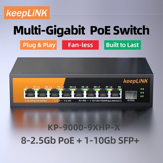 Keeplink 9-Port Multi-Gigabit Ethernet Switch mit 8 PoE-Ports (2,5 GB) und 1 SFP-Port (10 GB), unmanaged Plug-and-Play, Schwarz - Bild 1