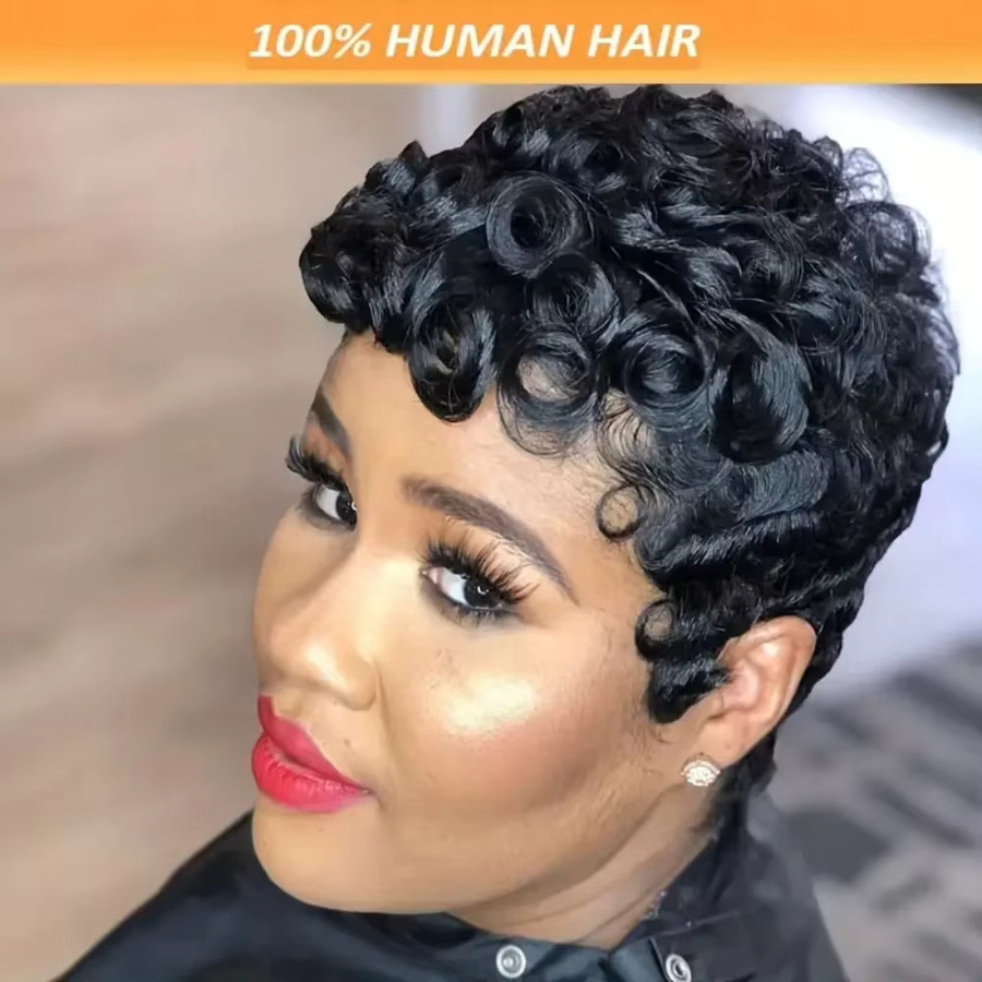 YOUKNOWIG Pixie-Cut-Perücke aus Echthaar, kurz, lockig, schwarz, 210 % Dichte, Damen - Bild 2