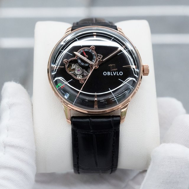 OBLVLO Armbanduhr Automatik, Leder, 40 mm, Herren, Schwarz, Roségold - Bild 1