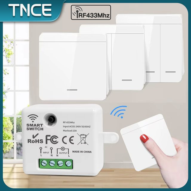 TNCE RF433 Relaisempfänger und kabelloser Lichtschalter in Weiß mit 433 MHz Mini-Fernbedienung als 1/2/3 Gang Wandsender-Unterbrecher für LED-Lampen und Ventilatoren - Bild 1