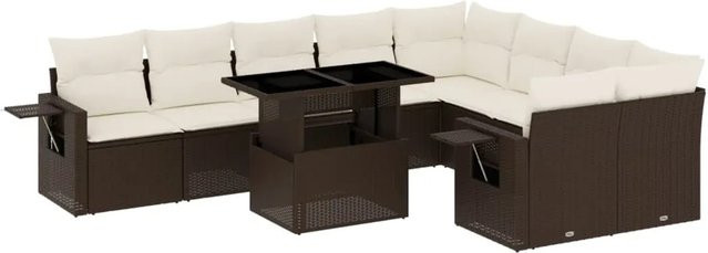 vidaXL 10-tlg. Garten-Sofagarnitur in L-Form aus braunem Poly-Rattan mit UV-beständigen Kissen und pulverbeschichtetem Stahlgestell - Bild 1