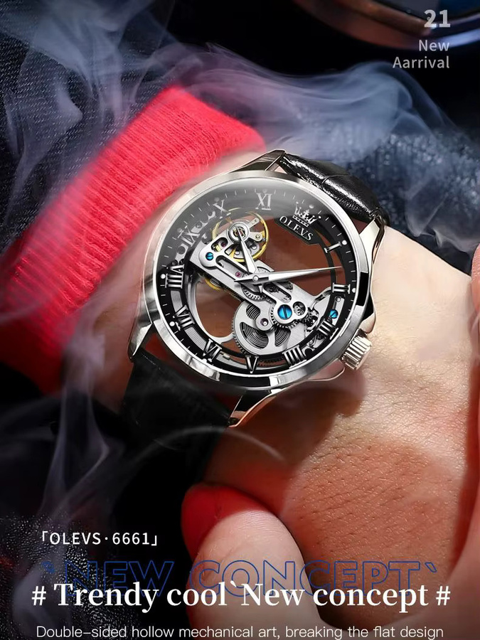 OLEVS Armbanduhr, Handaufzug, Leder, Schwarz, Bicolor, Herren - Bild 6