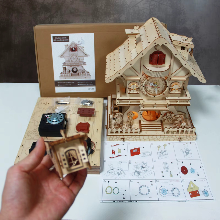 Cuberie 3D-Holzpuzzle Kuckucksuhr mit Spieluhr als DIY-Modellbausatz für Erwachsene in Champagner-Beige - Bild 6