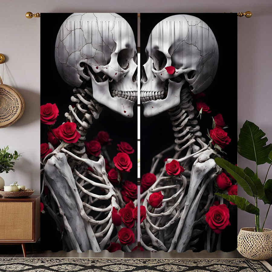 2er-Set Vorhang mit Totenkopf-Rose-Print in Schwarz von Household supplies MH, halbtransparent, B: 132 cm, H: 160 cm - Bild 2