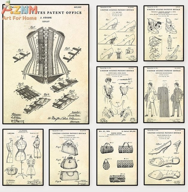 Kayou Vintage Fashion Patent Canvas Wandkunst Beige mit Korsett und Schuhtaschen Blueprint-Druck - Bild 1