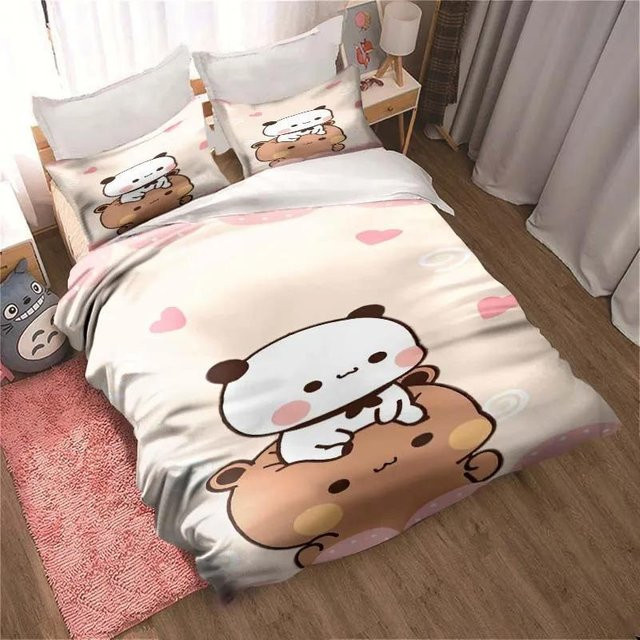 Bubu Dudu Bettwäsche-Set mit Cartoon-Bär und Kawaii-Motiv, 2-teiliges Set aus Mikrofasergewebe bestehend aus einem Bettbezug und einem Kissenbezug, Mehrfarbig, B/H: 133 x 70 cm - Bild 1