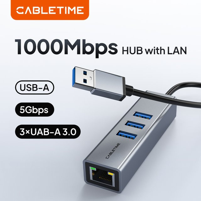 CABLETIME USB 3.0 Ethernet Gigabit LAN Netzwerkadapter mit 3 Anschlüssen, Farbe: Grau - Bild 1