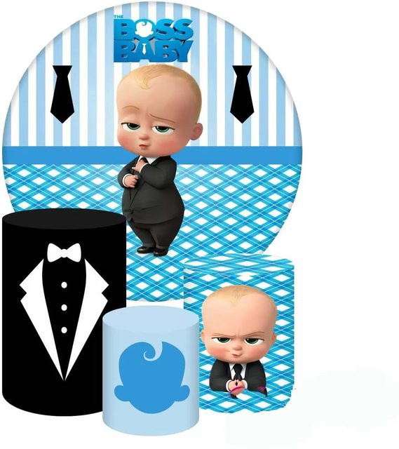 KAYOU Runde Hintergrundabdeckung Boss Baby Motiv für 1. Geburtstag und Baby Shower in Blau mit Streifen und individueller Namensdekoration - Bild 1