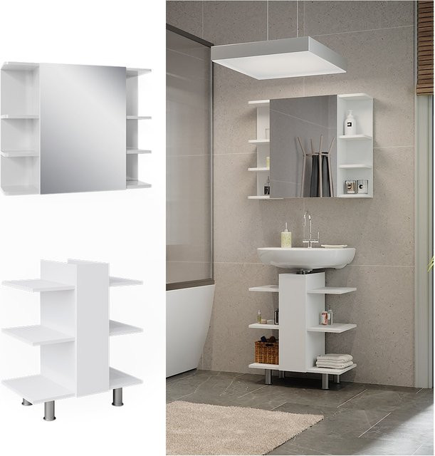 Vicco Badmöbel-Set Fynn Weiß aus 2 Teilen bestehend aus Waschbeckenunterschrank und Badspiegelschrank - Bild 1