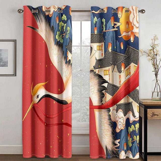 Yiran Furniture Verdunkelungsvorhang im japanischen Stil mit Drache, Tiger und Kran, 2er-Set, Mehrfarbig, Breite: 55 cm, Höhe: 120 cm - Bild 1