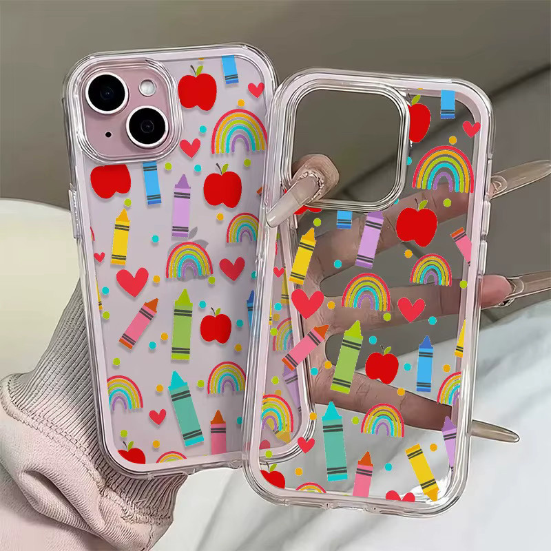 Transparente Zwei-in-Eins Handyhülle mit Regenbogen-Stiftmuster und rosa Rand für Apple iPhone 16 15 14 13 12 11 Pro Max Plus Serie, Multicolour - Bild 2