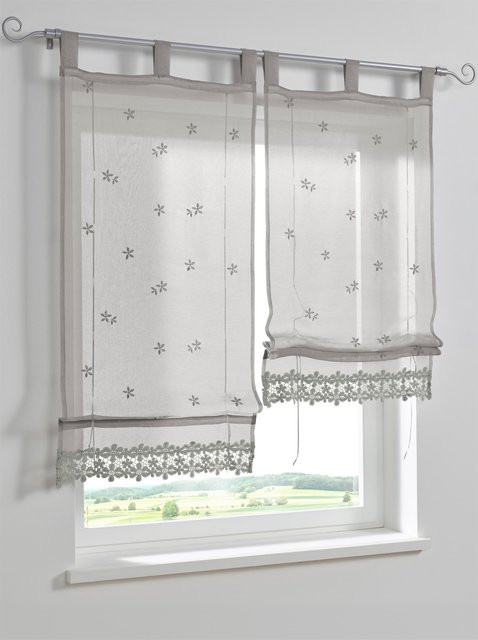 Raffrollo Heine Home in Grau mit floralem Blütenmuster, semi-transparent, 130 cm Breite x 45 cm Höhe - Bild 1