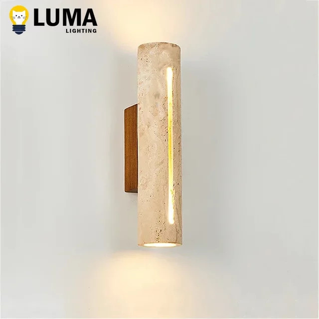 Luma Japanische Wandleuchte aus Stein und Holz in Gelb und Beige, moderne Up-Down-Zylinderleuchte für Wohnzimmer, Schlafzimmer und Flur - Bild 1