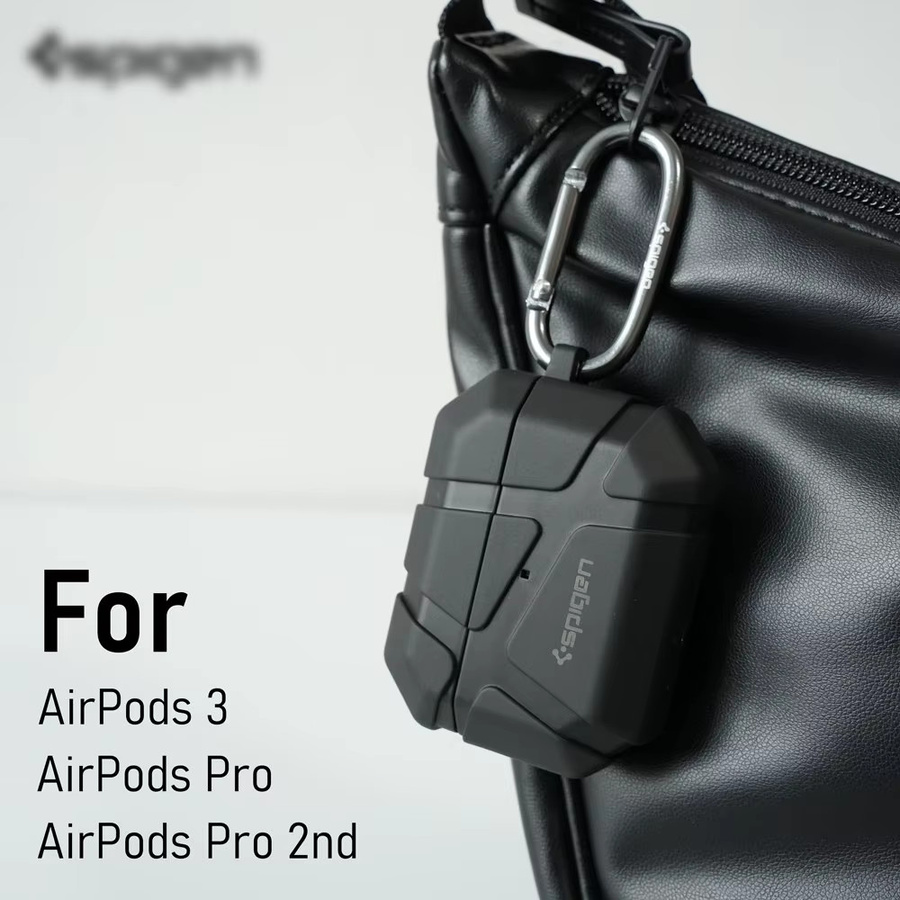 Spigen Rugged Armor Kopfhörer-Schutzhülle für AirPods 4/3/2/1 Pro 2 mit Meteorit-Textur und Schlüsselanhänger in Schwarz - Bild 2