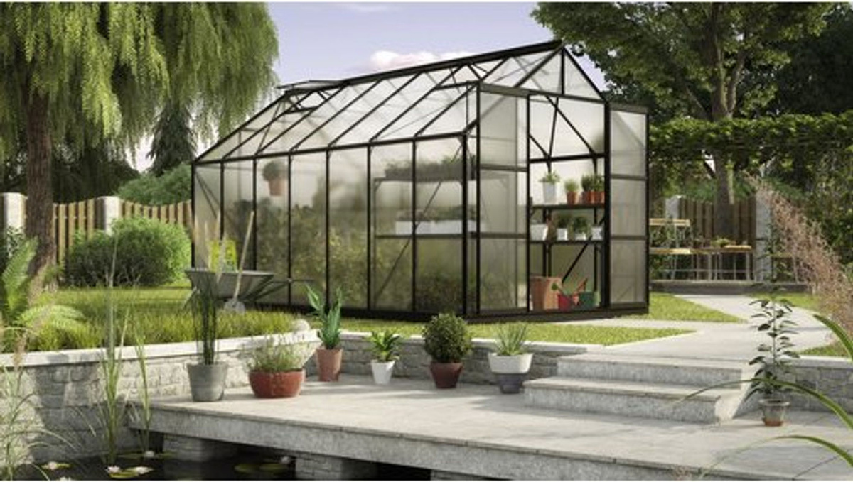 Vitavia Gewächshaus Uranus mit 11,5 m² Fläche, schwarz, Aluminium und Polycarbonat mit Doppelschiebetür und 4 Dachfenstern - Bild 4
