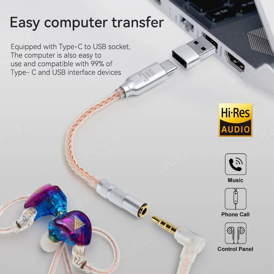SZKOSTON USB-C auf 3,5mm HiFi DAC Kopfhörerverstärker CX31993 Audio-Decoder IEM AMP Adapter in Silber für Android und iPhone 15 sowie Samsung - Bild 3