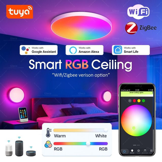 Gleco Smart LED Deckenleuchte RGBCW mit Tuya Wifi oder Zigbee, runde moderne Deckenlampe in Weiß für Wohnzimmer, kompatibel mit Alexa und Google Assistant - Bild 1