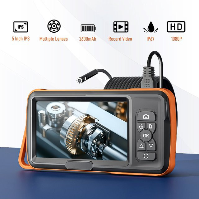 BUMBORN Industrielle Endoskop Inspektion Kamera mit 5 Zoll IPS Bildschirm, 1080P Auflösung, IP67 wasserdicht, Orange - Bild 1