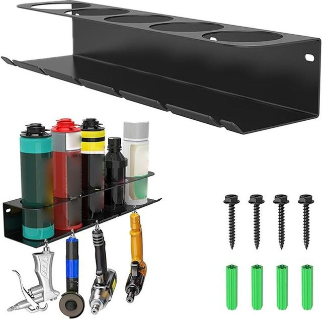 Binchi Outdoor Product Wandmontiertes Luftwerkzeug-Aufbewahrungsregal aus Metall in Schwarz mit 5-Loch-Spritzpistolenhalter und Ablage für Garagen und Werkstätten - Bild 1