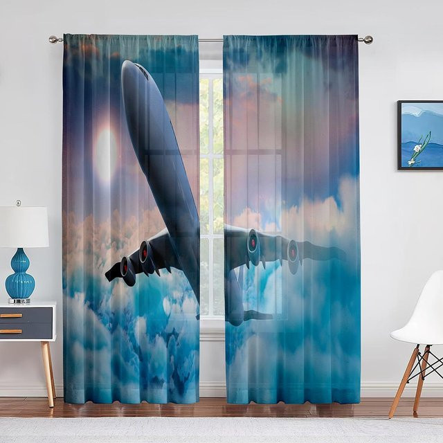 Yiran Furniture Flugzeug Motiv Vorhang Set aus 2 Paneelen, halbtransparent, mehrfarbig, B/H: 200 x 260 cm - Bild 1