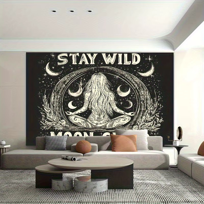 VIKAMA Stay Wild Moon Child Wandteppich Dark Forest Astrology Wandbehang in Schwarz für dein Schlafzimmer oder Yoga-Studio - Bild 3