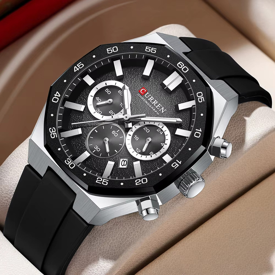 CURREN Chronograph Armbanduhr, Quarz, Silikon, Schwarz, Herren - Bild 5