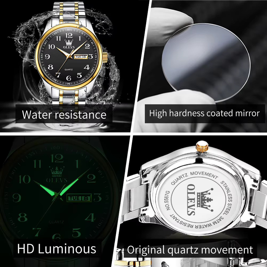 OLEVS Armbanduhr Quarz, Edelstahl, Silber, Schwarz, Herren - Bild 5
