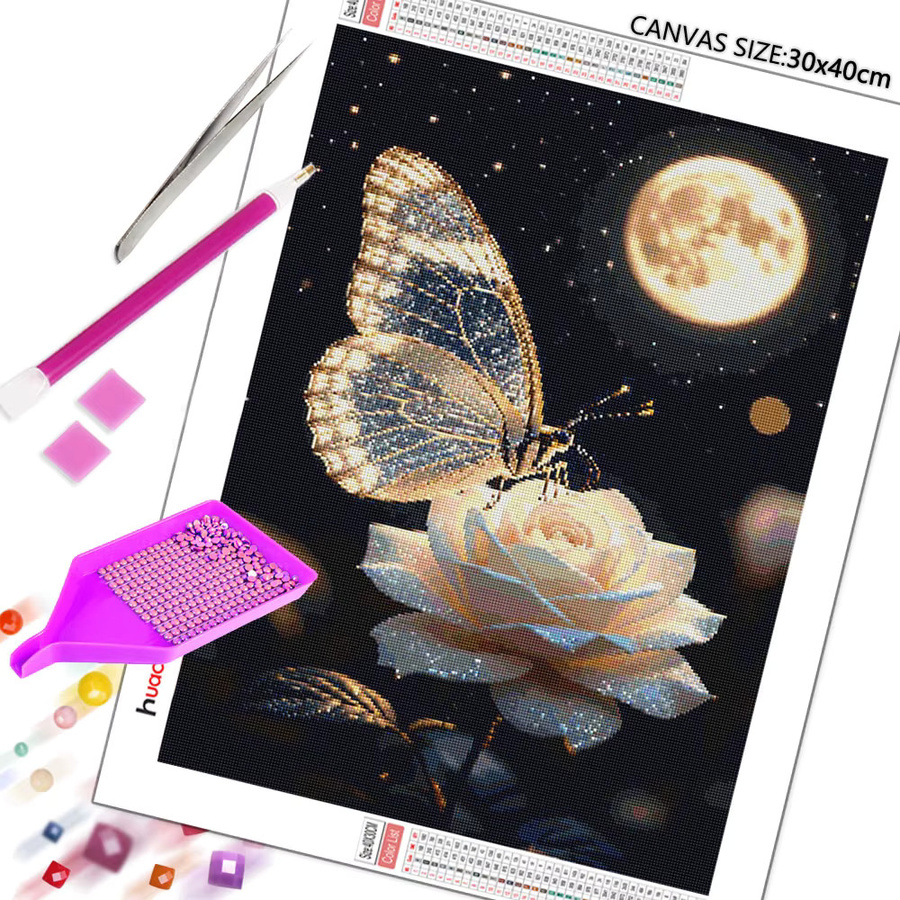 Huacan Diamantgemälde Set mit Schmetterling, Rose und Mond in Multicolour, Rundes Diamant-Mosaik-Bild aus Strasssteinen - Bild 2