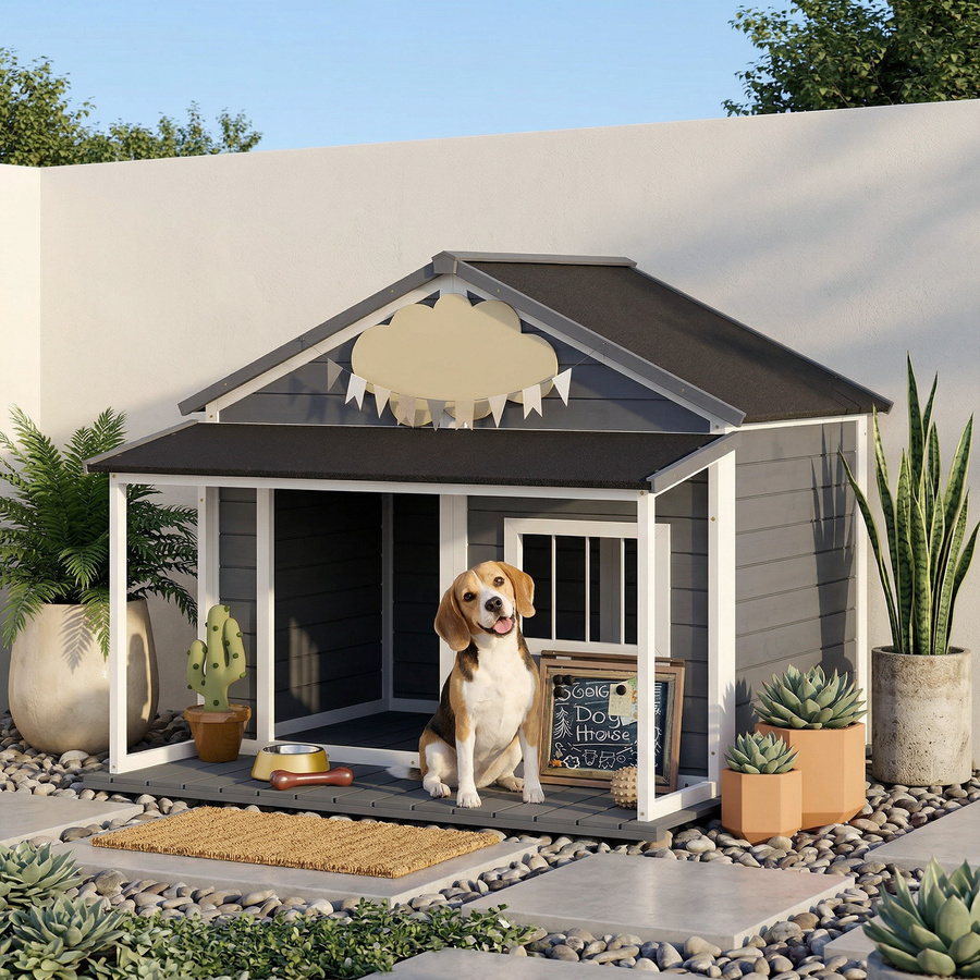 PawHut Hundehütte aus Massivholz mit Asphaltdach in Grau, wetterfeste wetterfeste Hundehütte für draußen, B/T/H: 124 x 112 x 105 cm, Aosom - Bild 2